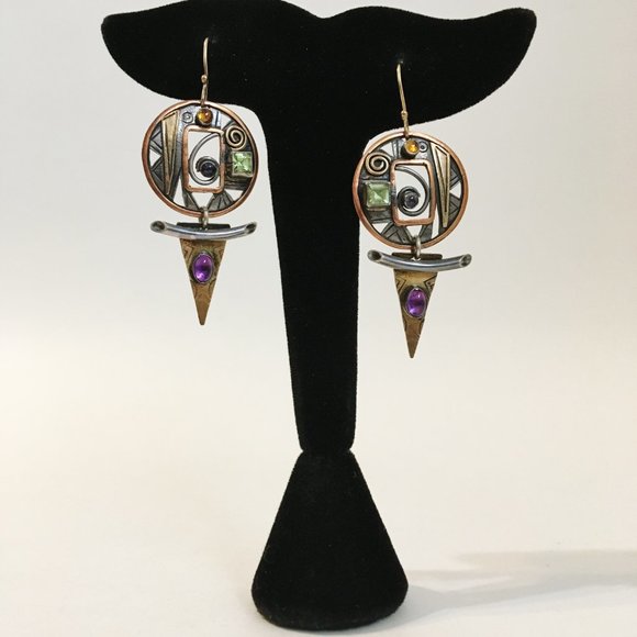Peridot Amethyst Earrings Unique Mixed Metal Handcrafted Pierced Dangle New Gift - Picture 2 of 6
